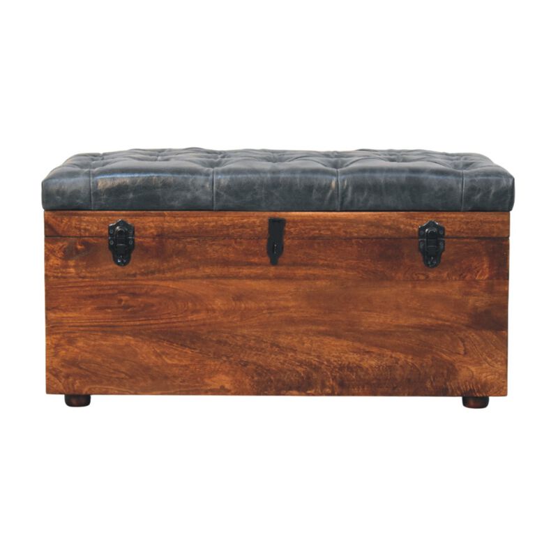 Artisan Furniture Solid Wood Black Buffalo hide leather Storage Trunk