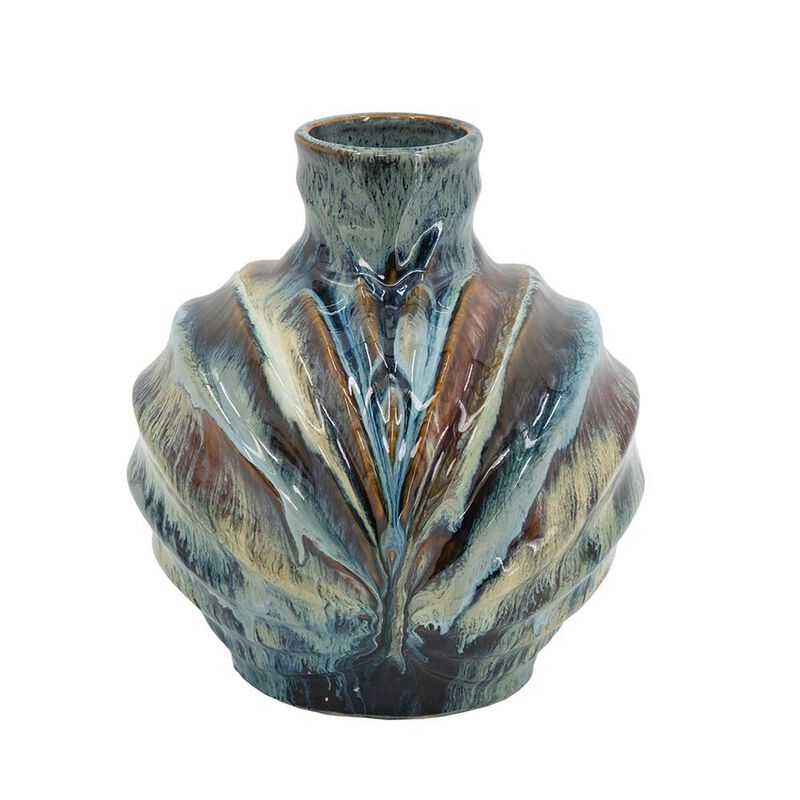 HomeRoots 11" Blue Beige And Brown Abstract Wavy Ceramic Table Vase image number 2