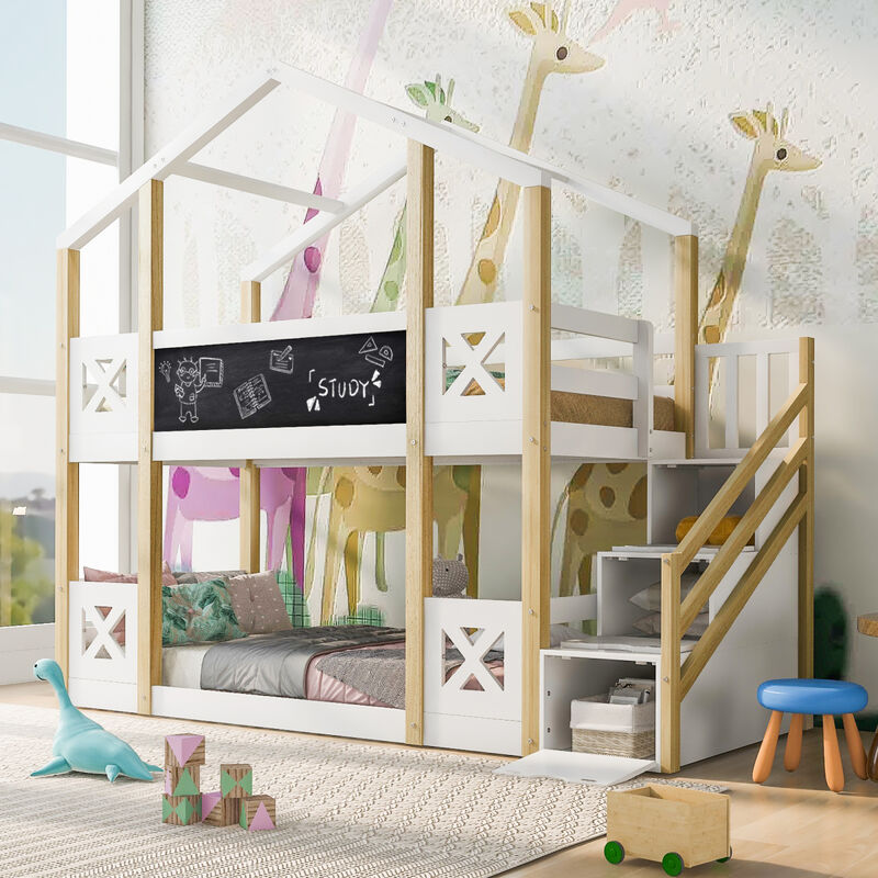 Twin over Twin House Bunk Bed with White Storage Staircase and Blackboards, White