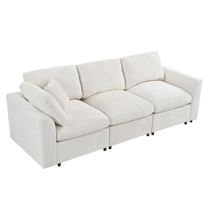 Chenille 3 seater sofa, U style deep seat couch with throw pillow, Contemporary living room sofa with solid wood frame image number 4