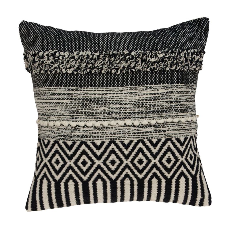 18" Black and Beige Bohemian Striped Zig Zag Square Throw Pillow