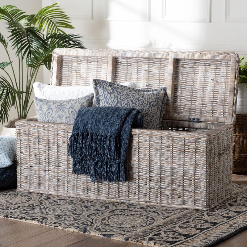 bali & pari Clarette Whitewashed Rattan Storage Bench - Handwoven Wicker Storage Trunk with Lift-Top Lid, Boho Coastal Seating for Living Room, Bedroom, or Entryway image number 8