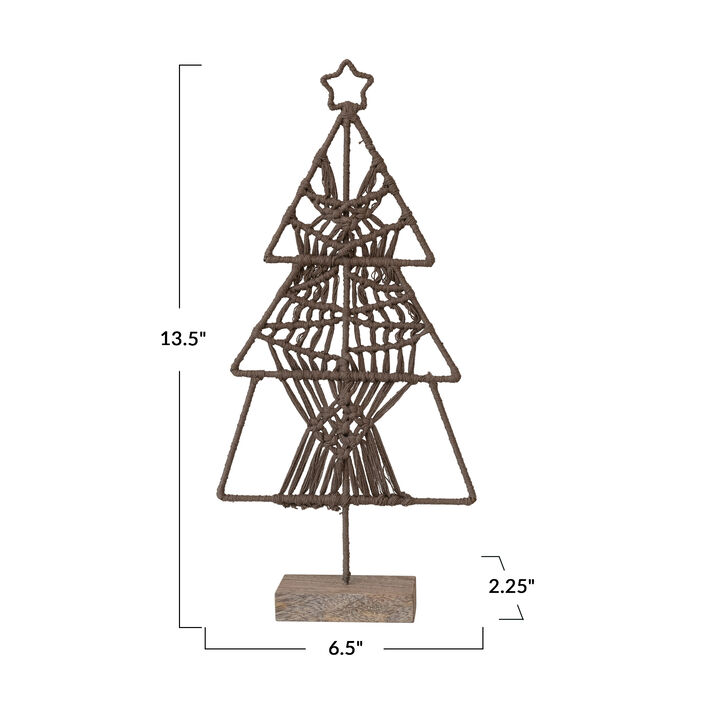 Cotton Thread and Metal Tree with Star and Mango Wood Base, Brown