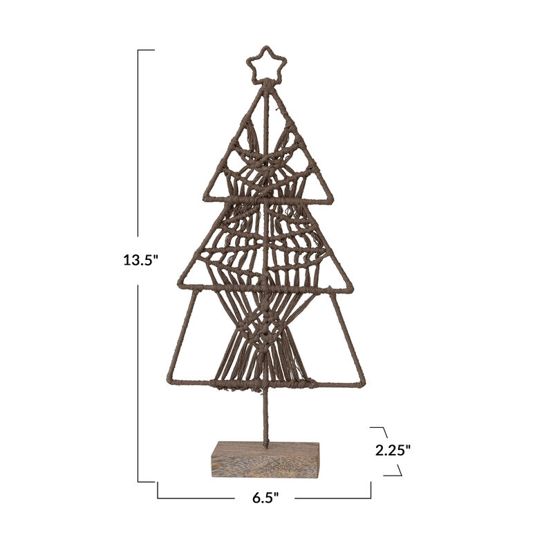 Cotton Thread and Metal Tree with Star and Mango Wood Base, Brown image number 1