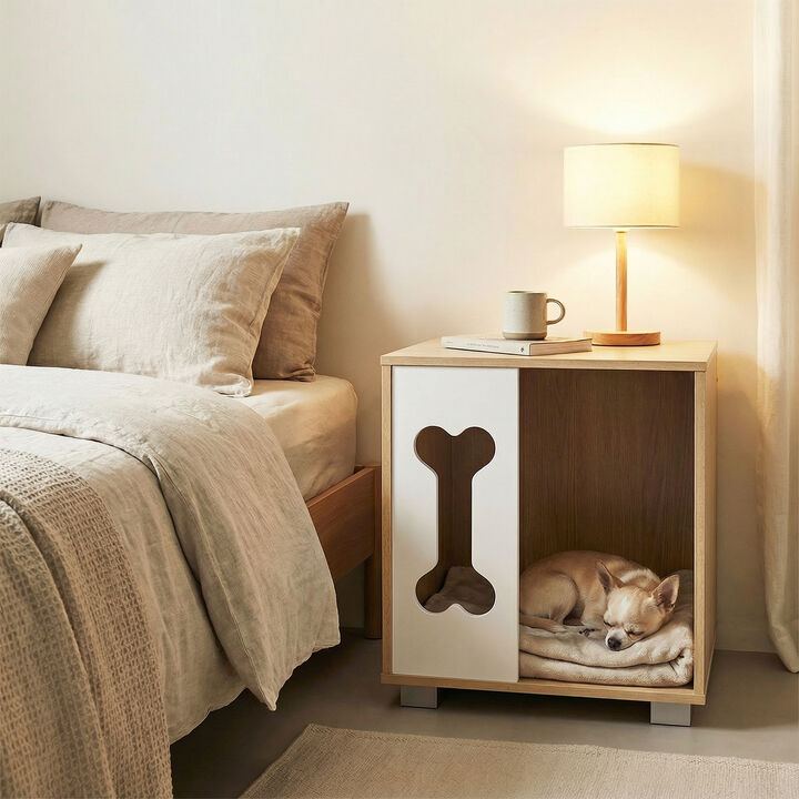 Wooden Dog Condo End Table with Bone Window and Metal Legs-Natural