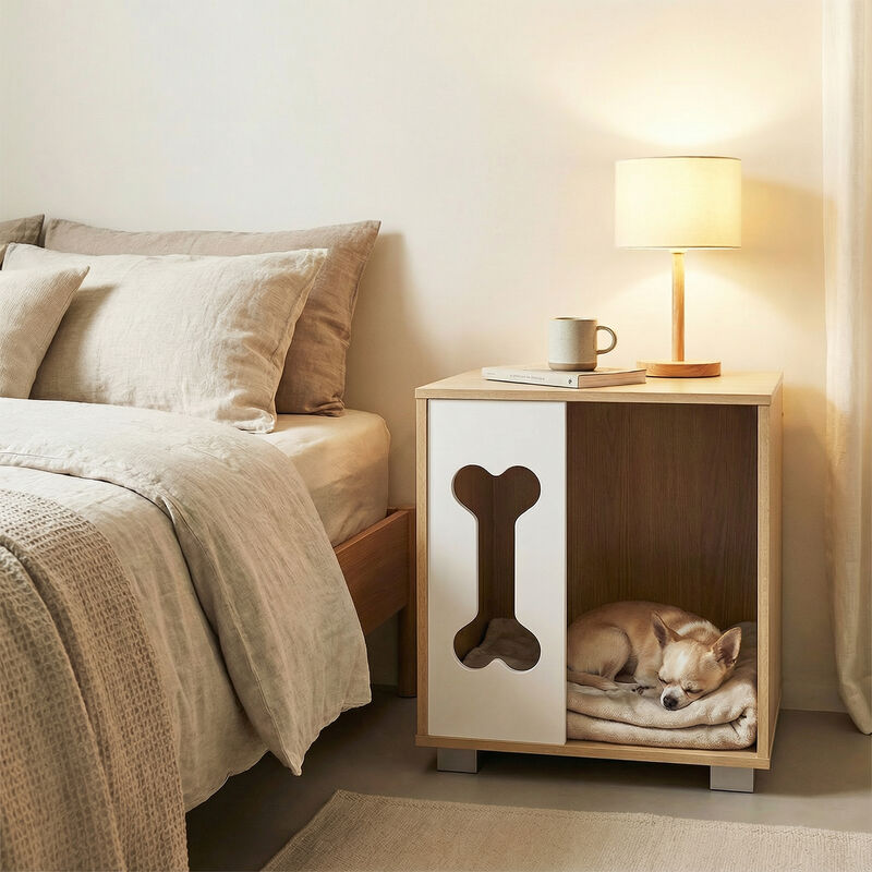 Wooden Dog Condo End Table with Bone Window and Metal Legs-Natural image number 1