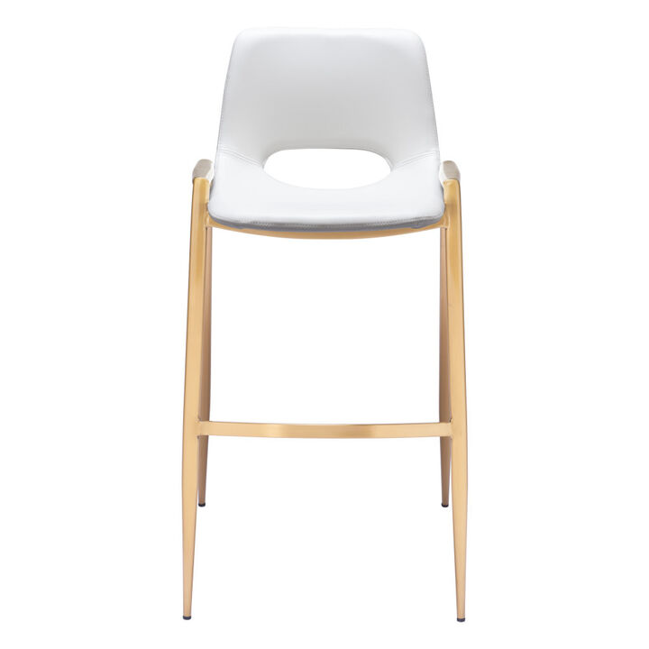 HomeRoots Set of Two 30" White And Gold Faux Leather And Steel Low Back Bar Height Bar Chairs