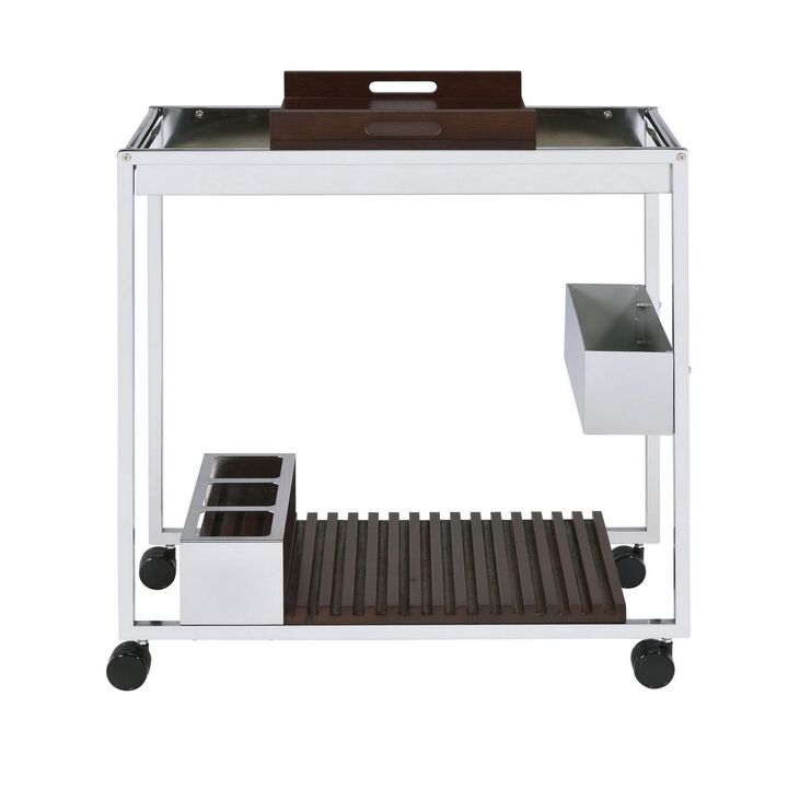 Metal and Wood Serving Cart with Tray and Floating Shelf, Brown and White-Benzara