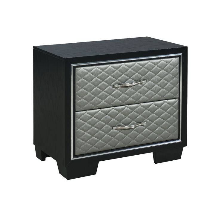 Nightstand with 2 Drawers and Upholstery, Black and Silver-Benzara