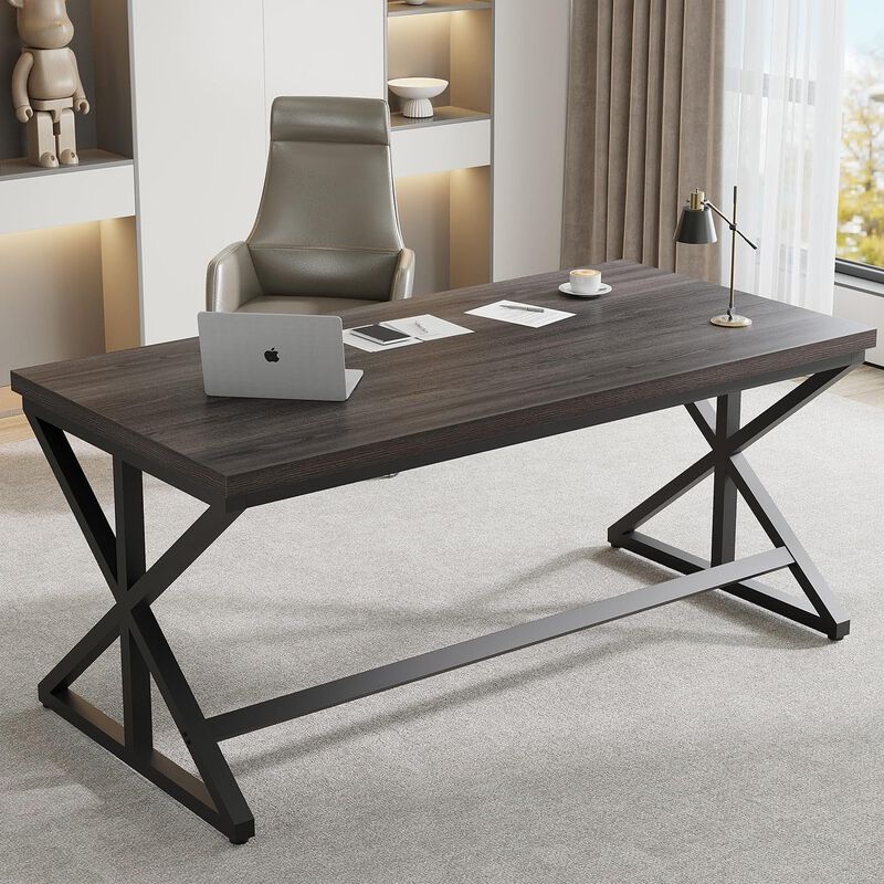 Top True Wood Computer Desk, Modern Writing Desk with Metal Frame for Home Office image number 4