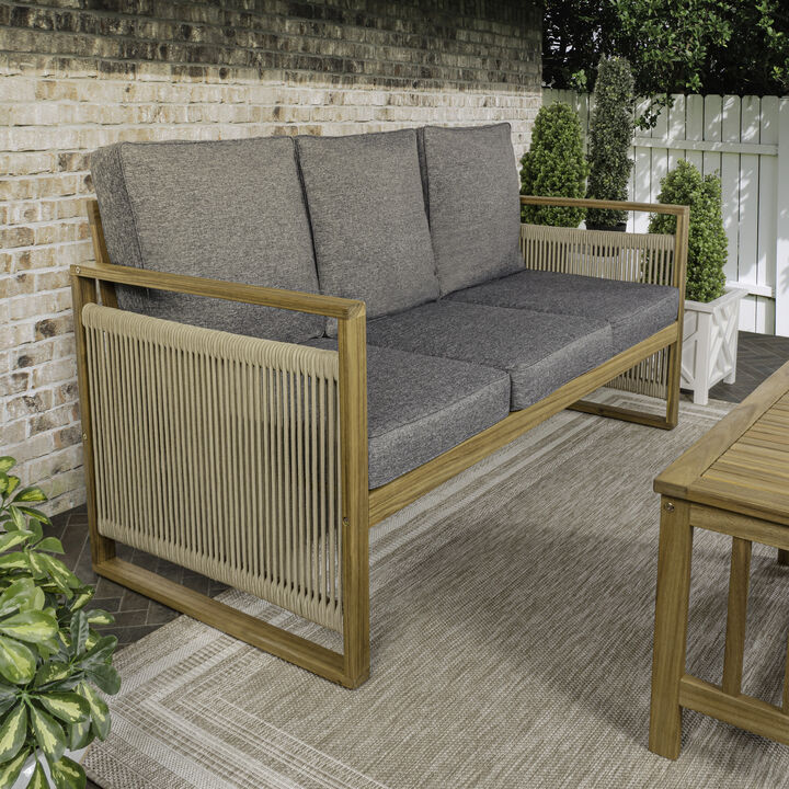 Gable 3-Seat Mid-Century Modern Roped Acacia Wood Outdoor Sofa with Cushions, Beige/Light Teak
