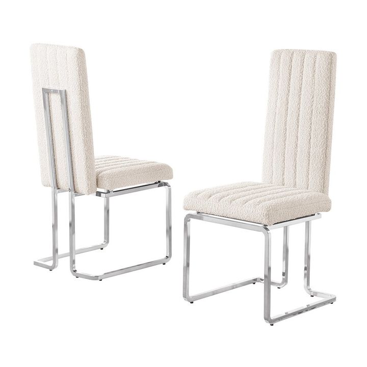 Cream Boucle Fabric Silver Chrome Base Tall Back Rest Dining Chairs (Set Of 2)