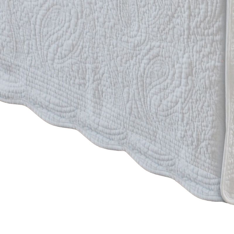 Muka Paisley Quilted Twin Bed Skirt, Cotton Drop, Polyester Platform, Ivory - Benzara