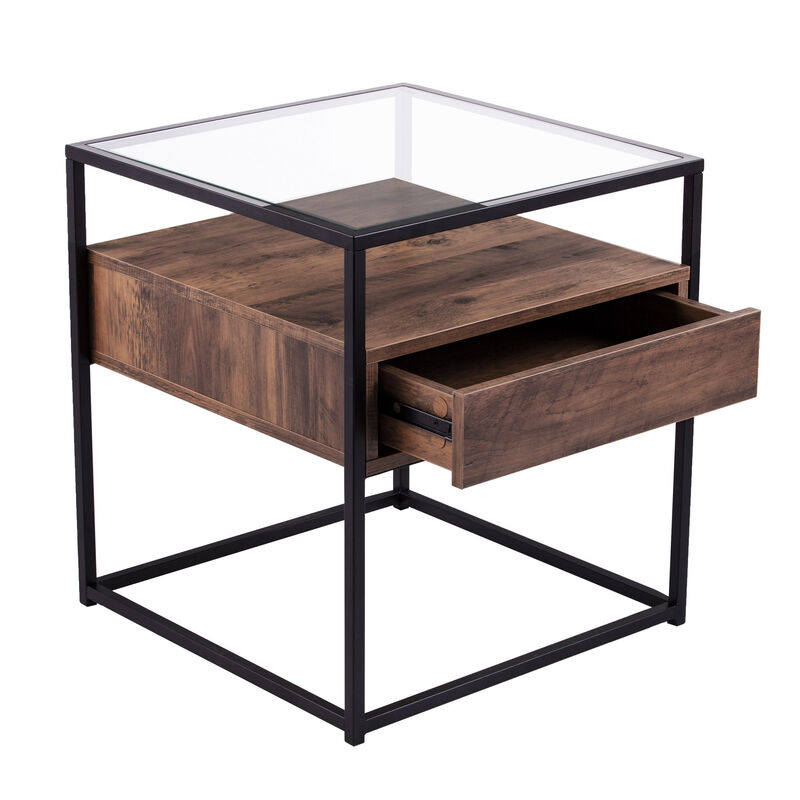Hivvago 22 Inch Black Glass And Iron Square End Table With Drawer With Shelf