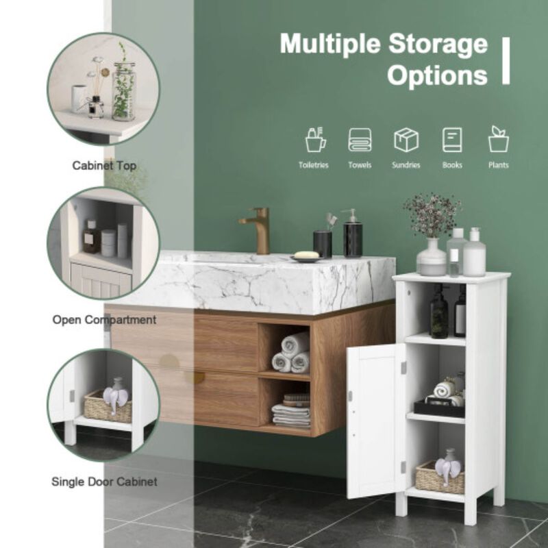 Bathroom Adjustable Shelf Floor Storage Cabinet with Door - White