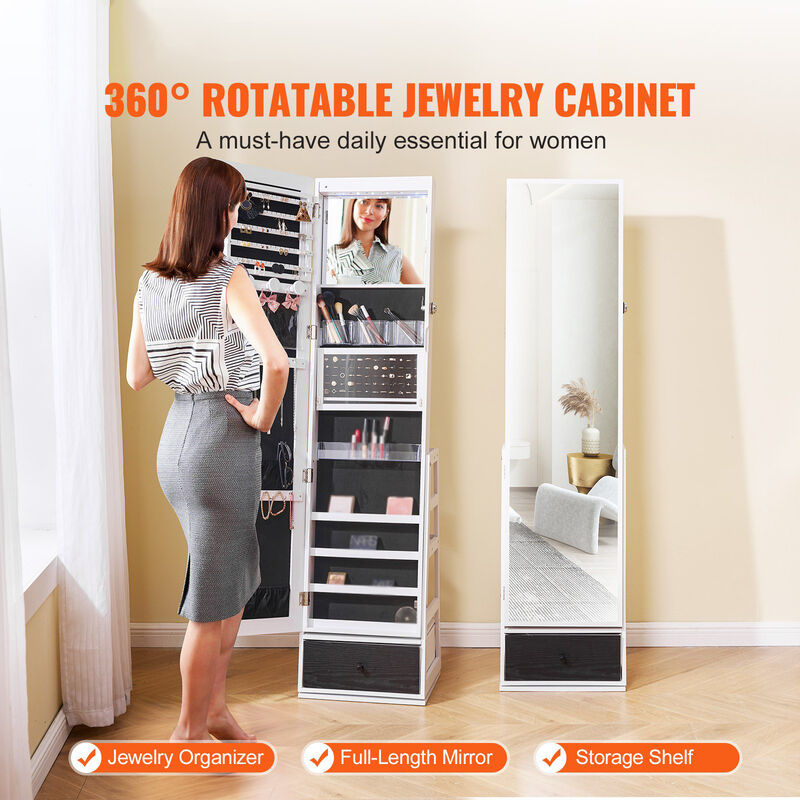 360&deg; Swivel Jewelry Cabinet with Full-Length Mirror, Freestanding Storage Armoire