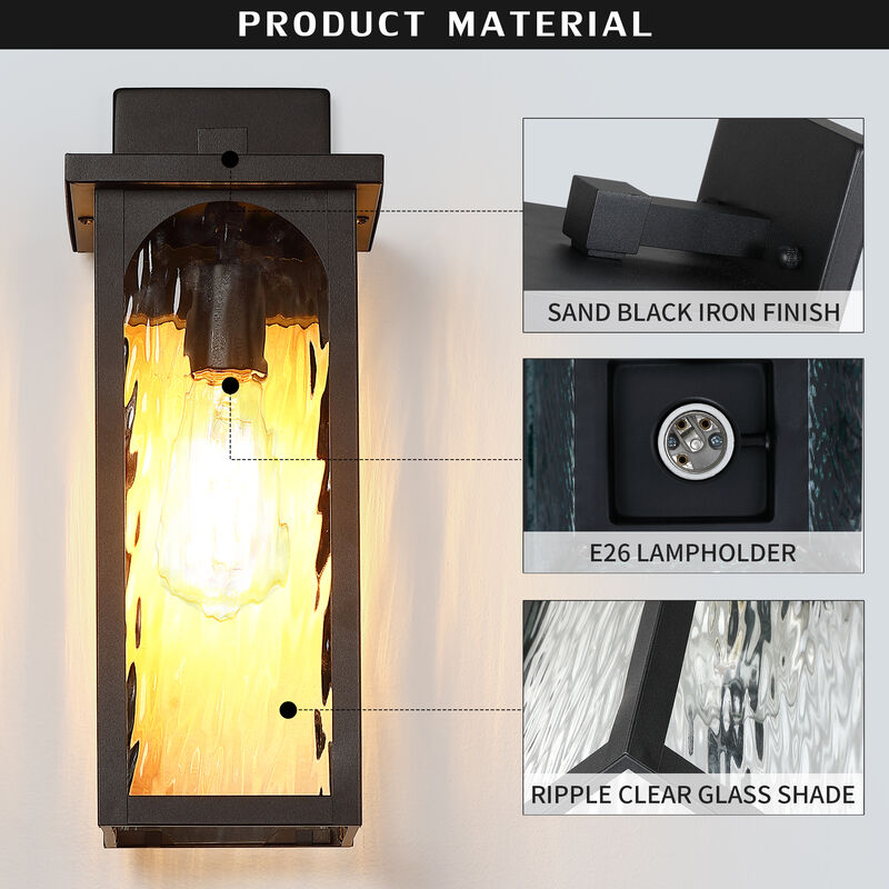 15" Modern Industrial Sand Black 1-Light Dimmable Outdoor Wall Lantern with Water-Ripple Glass image number 7
