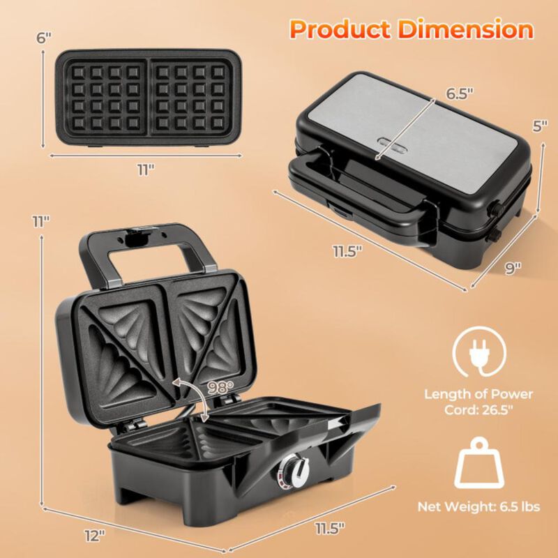 Hivvago 3-in-1 1200W Sandwich Maker with Removable Non-Stick Plates-Black