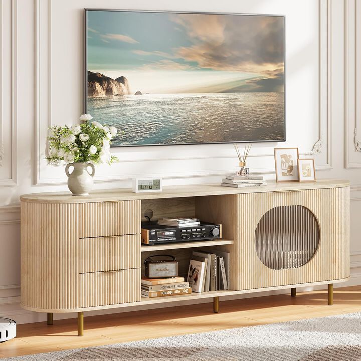 69" Curved TV Stand, Media Console for TVs Up to 80 inches, Entertainment Center with Wavy Acrylic Doors & Large Storage for Living Room, Bedroom