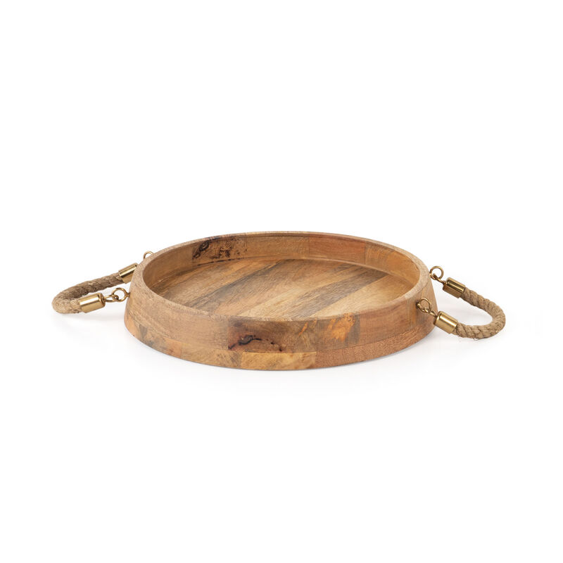 HomeRoots Set of Two Brown Round Solid Wood Serving Trays With Handles image number 5