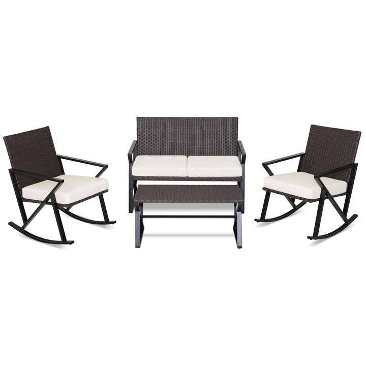 4 Pieces Rattan Patio Rocking Furniture Set with Loveseat and Coffee Table