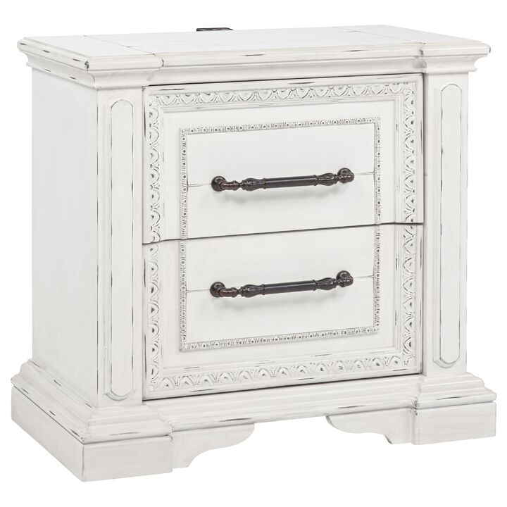 Jenie Nightstand, 2 Drawer and USB Port, Vintage White Wood 32 Inch