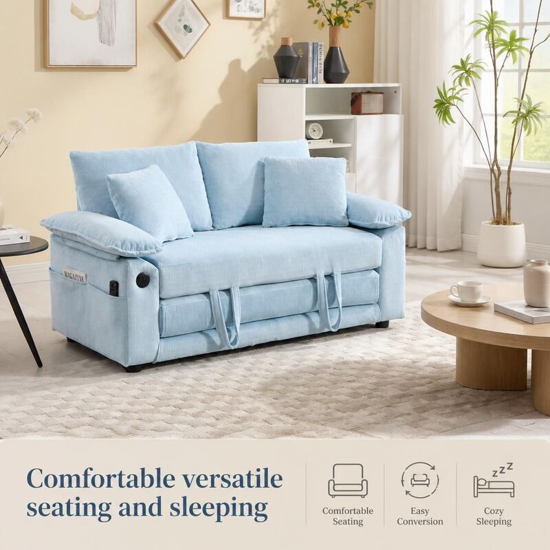 GOODSILO 3-in-1 Upholstered Convertible Futon Sofa Bed, Foldable Tufted Loveseat Pull Out Sleeper Couch with Side Pockets for Small Living Spaces image number 4