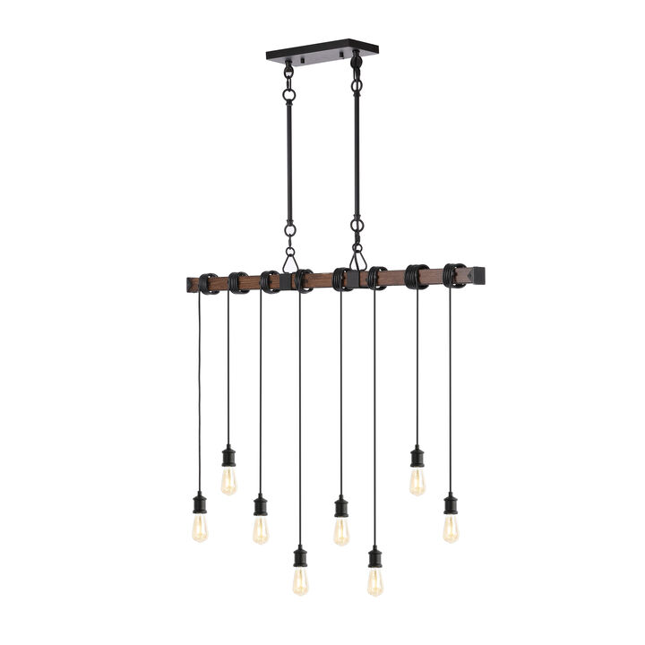 Rhys 40" 8-Light Vintage Industrial Driftwood Iron LED Linear Chandelier with Height Adjustable Bulbs, Brown Wood Finish/Black