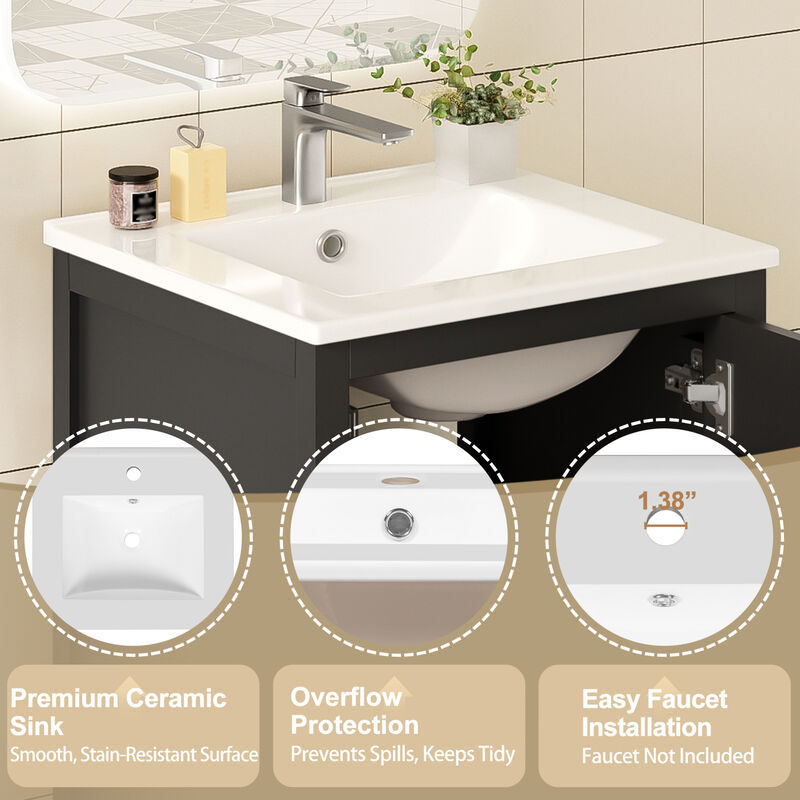 ELEMENT ACE Compact Bathroom Vanity with Integrated Ceramic Sink, Soft-Close Drawer & Door, Divider Drawer, Adjustable Foot Pads for Small Bathrooms image number 8