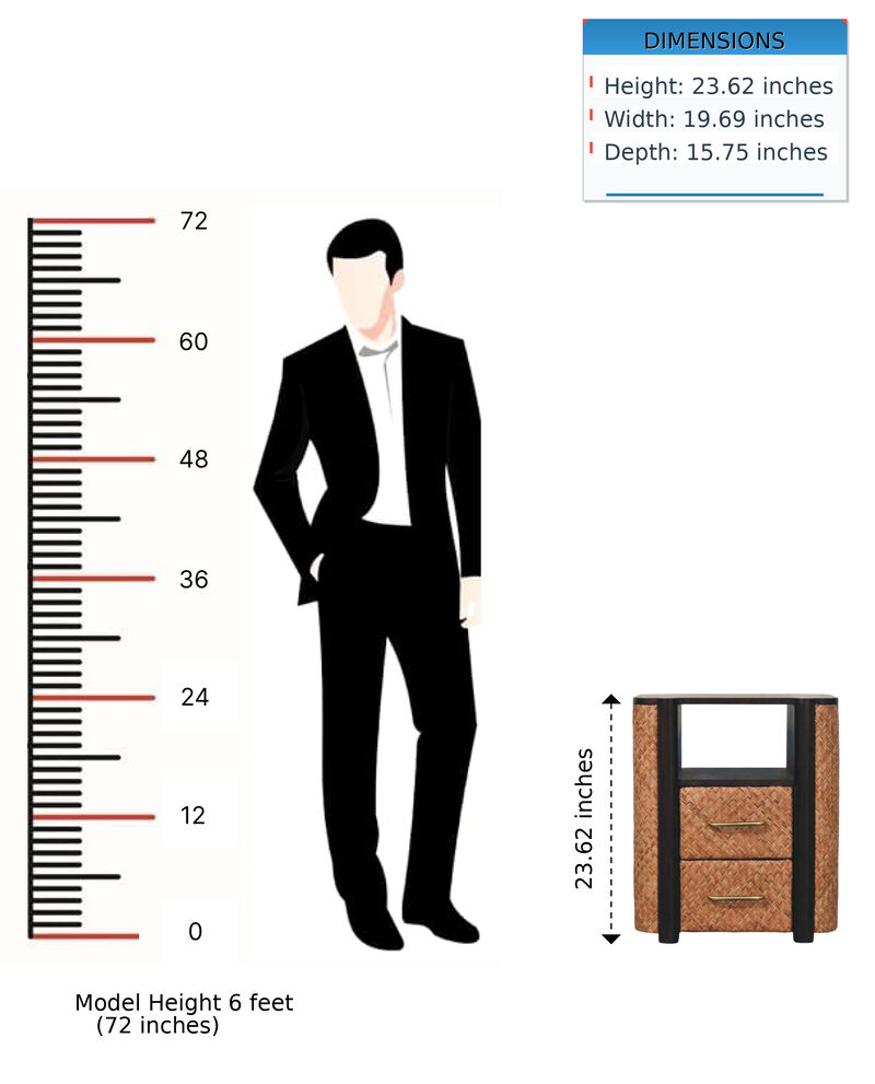 Artisan Furniture Solid Wood Rattan Curve Edge Nightstand,2-Drawers,1-Shelf