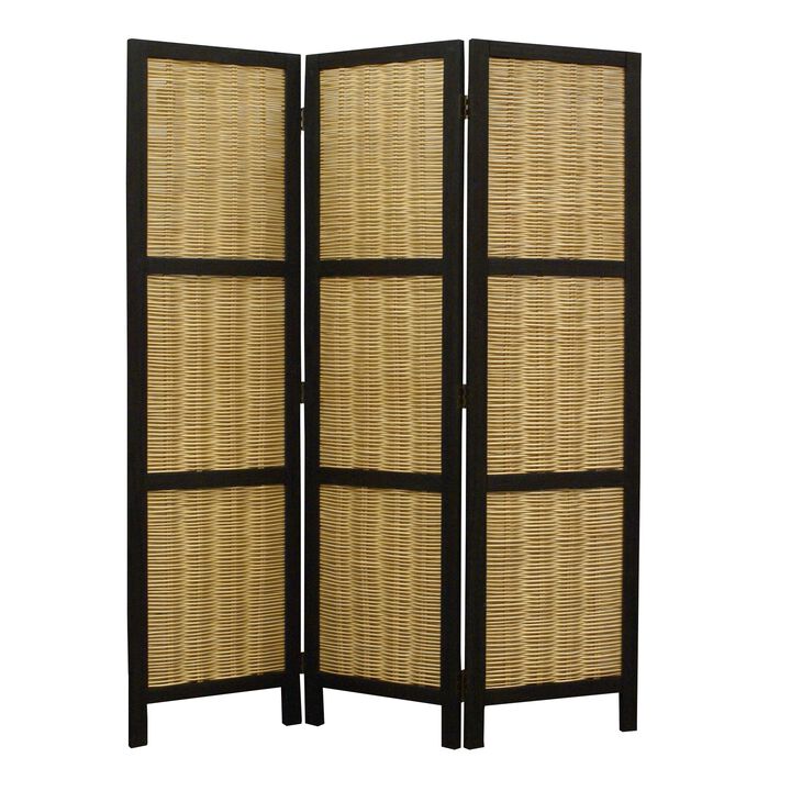 Cottage Style 3 Panel Room Divider with Willow Weaving, Black and Brown-Benzara