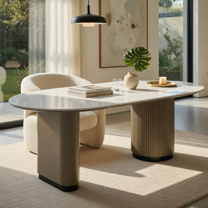 Jeh Dining Table, 87 Inch White Oval Top, Dual Pedestal Base, Oak Brown
