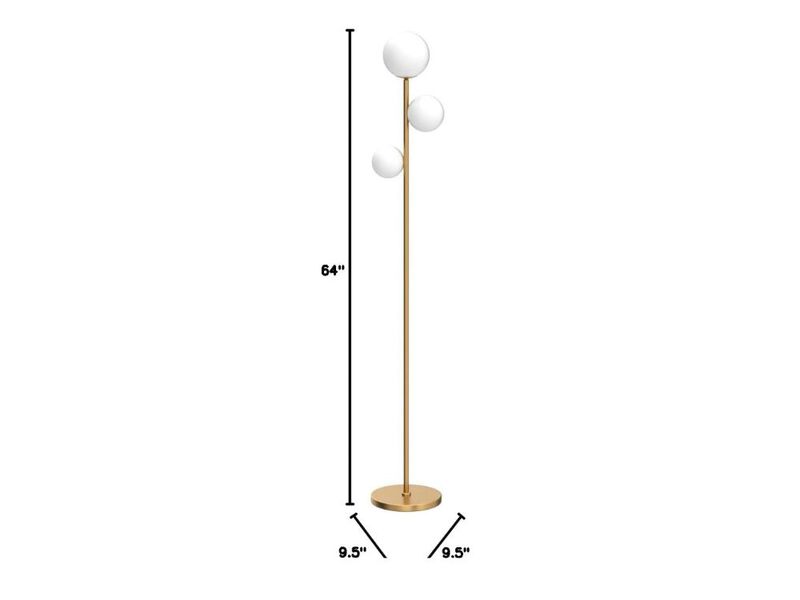 Mid-Century Globe Floor Lamp – 3 Frosted Glass Shades, Antique Brass, LED Bulbs