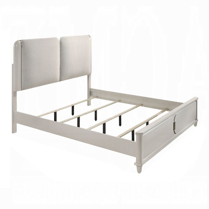 Veda King Size Bed with LED, Pearl White, Gray Boucle Upholstered - Benzara