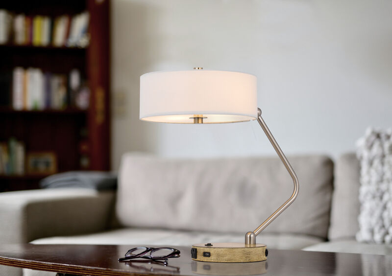 Hivvago 20" Brown Metal Two Light Lantern Desk USB Table Lamp With White Drum Shade