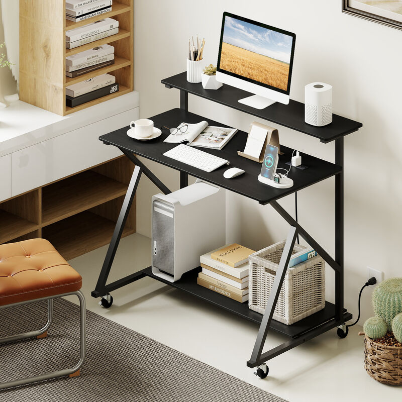 Rolling Computer Desk with Power Outlets, Monitor Shelf and Storage for Office And Home Use image number 1