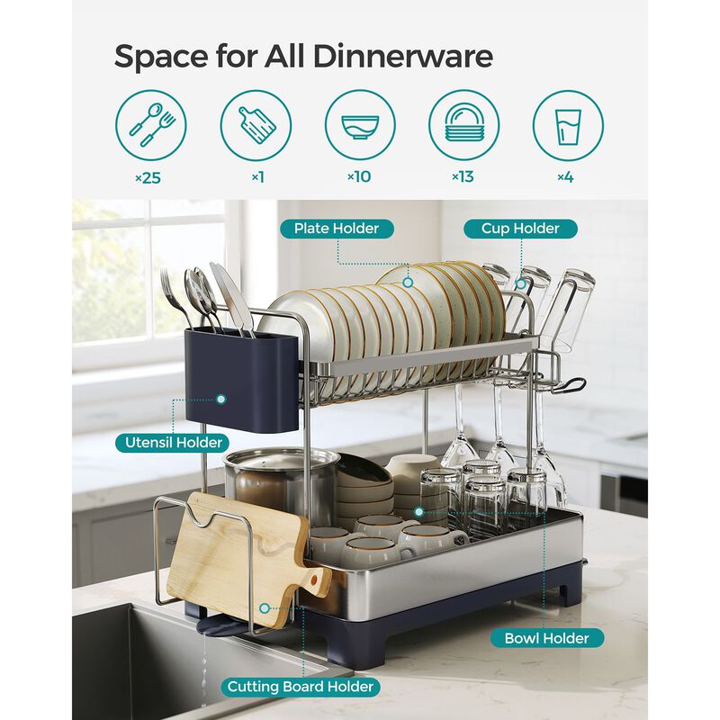2-Tier Dish Rack with Draining Tray Space-Saving Stainless Steel Design image number 2