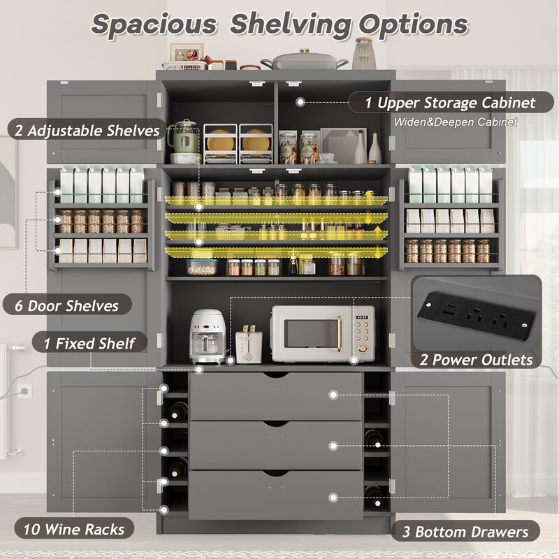 Merax Extra-Large Kitchen Pantry - 6-Door Storage with Built-In Power Outlets & Wine Racks image number 3