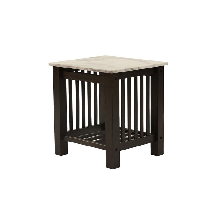 Moen 21 Inch Side End Table, White Faux Marble, Bottom Shelf, Black Wood