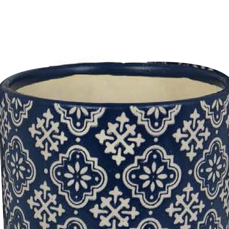 Modern Planter Set of 3, Vintage Floral Motifs, White Blue Ceramic - Benzara