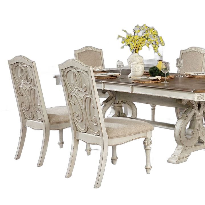 Arca 7pc Dining Table Set with Fabric Chairs, Antique White Solid Wood - Benzara