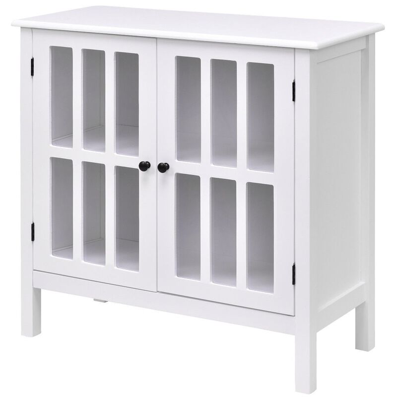 Hivvago White Wood Sideboard Buffet Cabinet with Glass Panel Doors