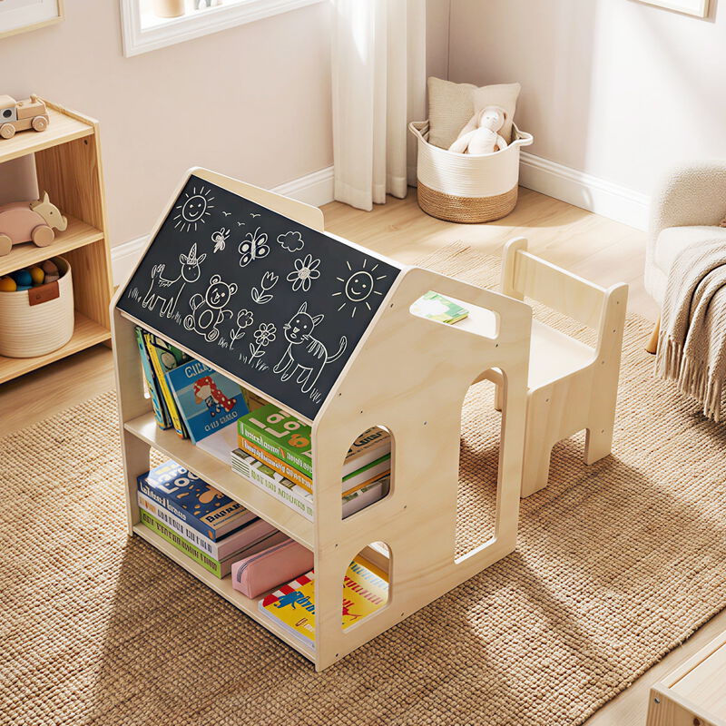 Children&rsquo;s House-Shaped Table and Chair Set, Wooden Activity Furniture-Natural image number 1