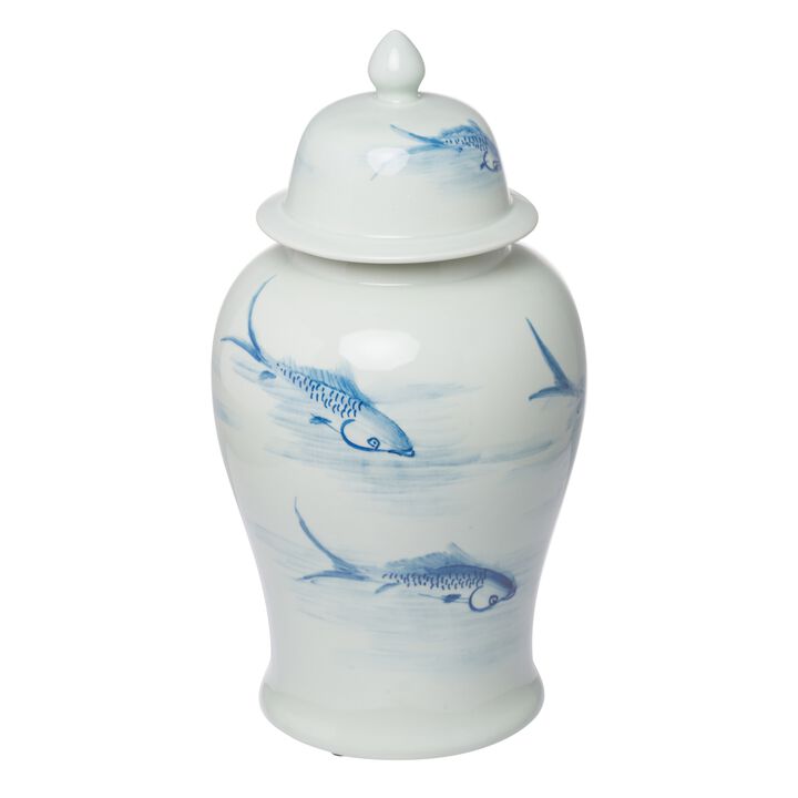 19 Inch Ginger Jar, Lidded, Painted Blue Koi Fish Over White Porcelain-Benzara