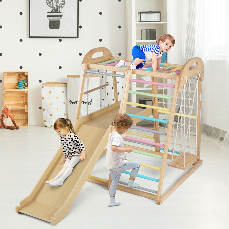 8-in-1 Kids Jungle Gym Montessori Wooden Playset with Slide & Monkey Bar Ages 3-5 Years image number 2