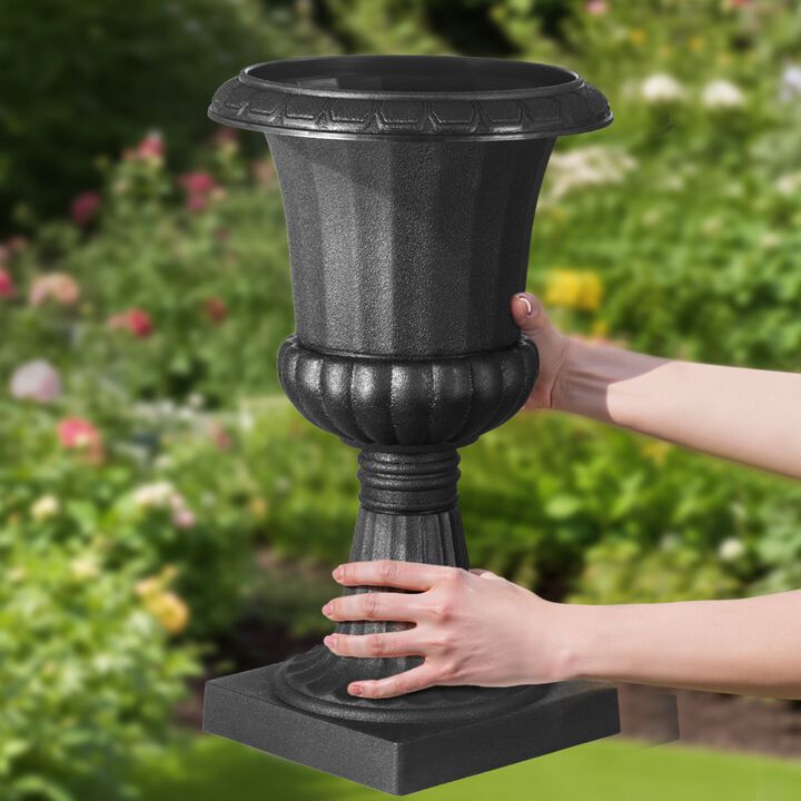 Classic Black Urn Flower Planters Set of 2 for Front Porch, Garden, Wedding & Home Decor