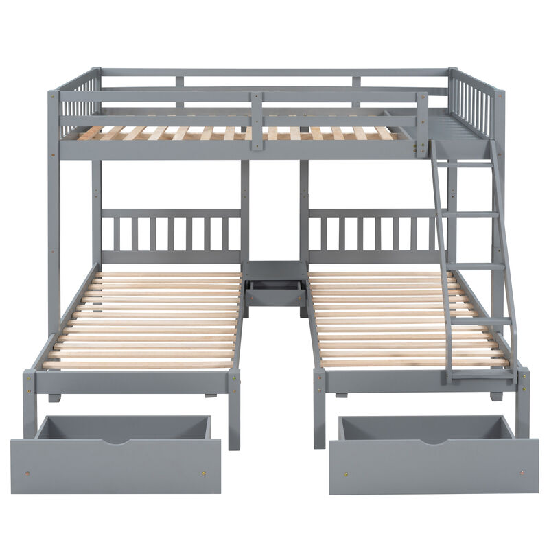 Full Over Twin & Twin Bunk Bed, Wood Triple Bunk Bed with Drawers and Guardrails (Gray)