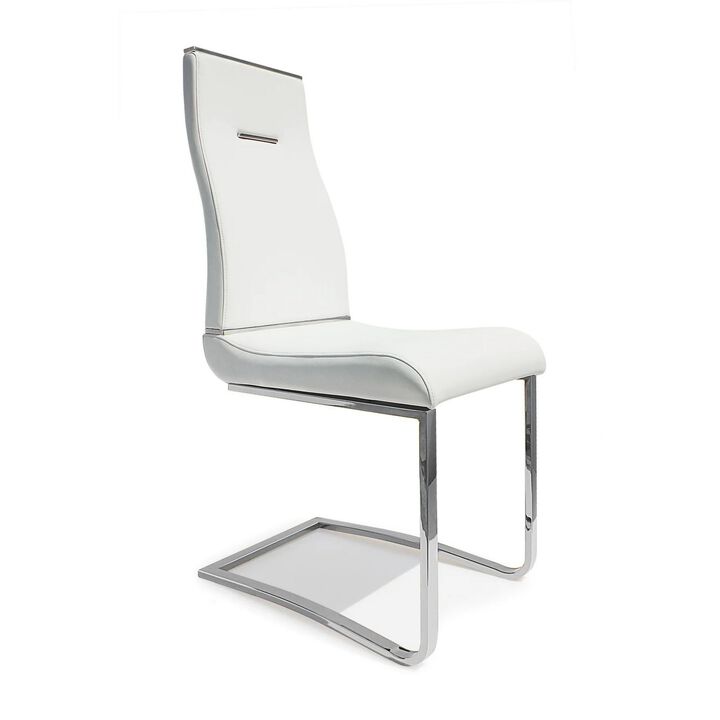 Jon 22 Inch Dining Chair, Set of 2, Cantilever Steel, Vegan Leather, White - Benzara