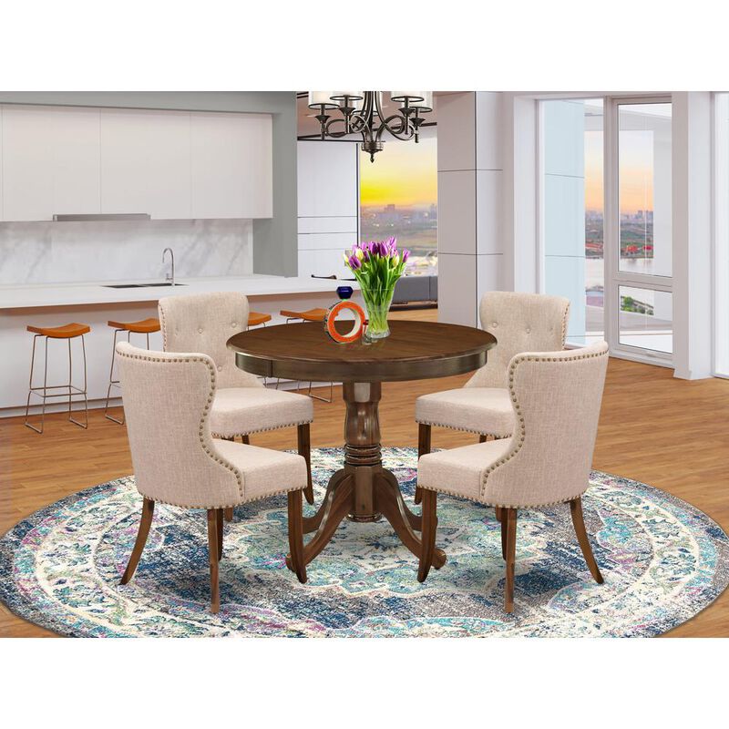 East West Furniture 5 Pc Dining Set  Consist of a Round Table and 4 Upholstered Chairs