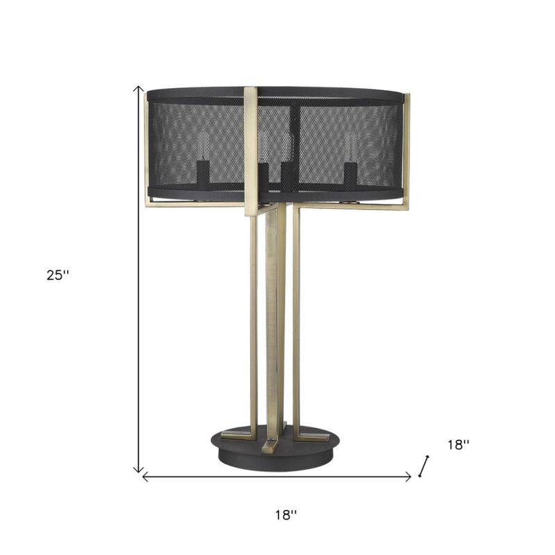 Hivvago 25" Brass Metal Four Light Geometric Table Lamp With Black Drum Shade